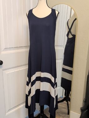 VENUS Navy and White Asymmetrical Striped Midi Dress